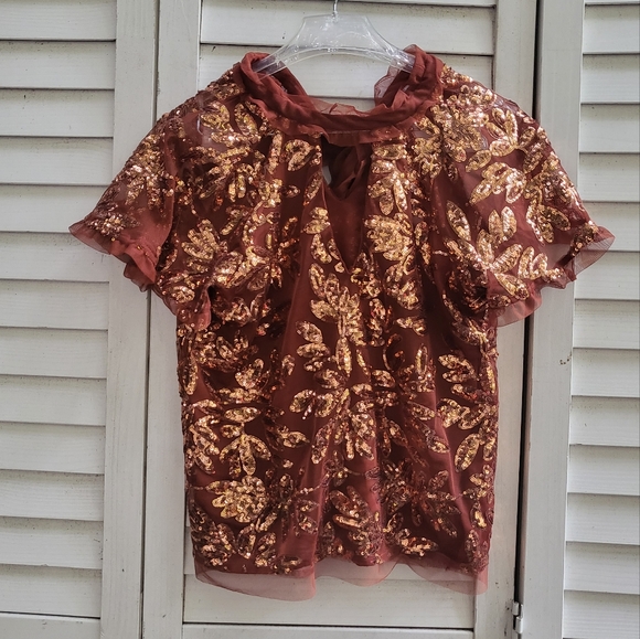 NWT Anthropologie Orange Cutout Sequined Blouse Mesh Bow - Picture 2 of 7